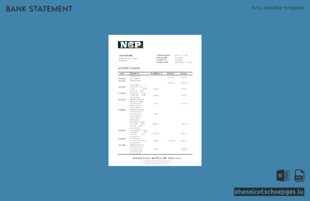 Beispiel eines Kontoauszugs der Sierra Leone National Development Bank (Vorschau)